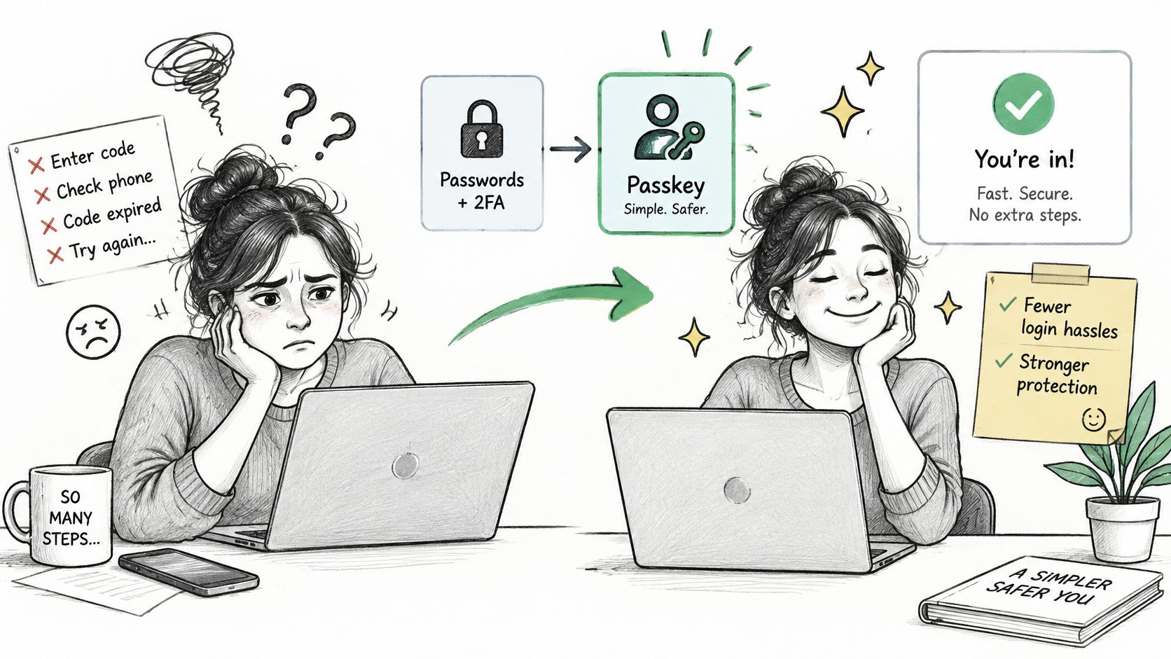 A split image showing a frustrated person struggling with two-factor authentication versus a happy person using passkeys.