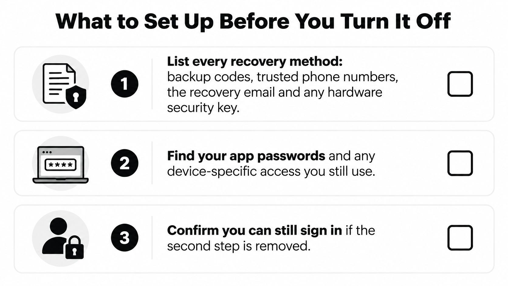 A checklist illustrating three essential steps to complete before disabling two-step verification for security.