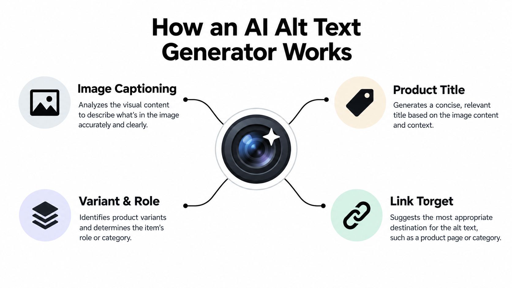 A diagram explaining how an AI alt text generator works through image captioning, product titles, variant role, and link targeting.