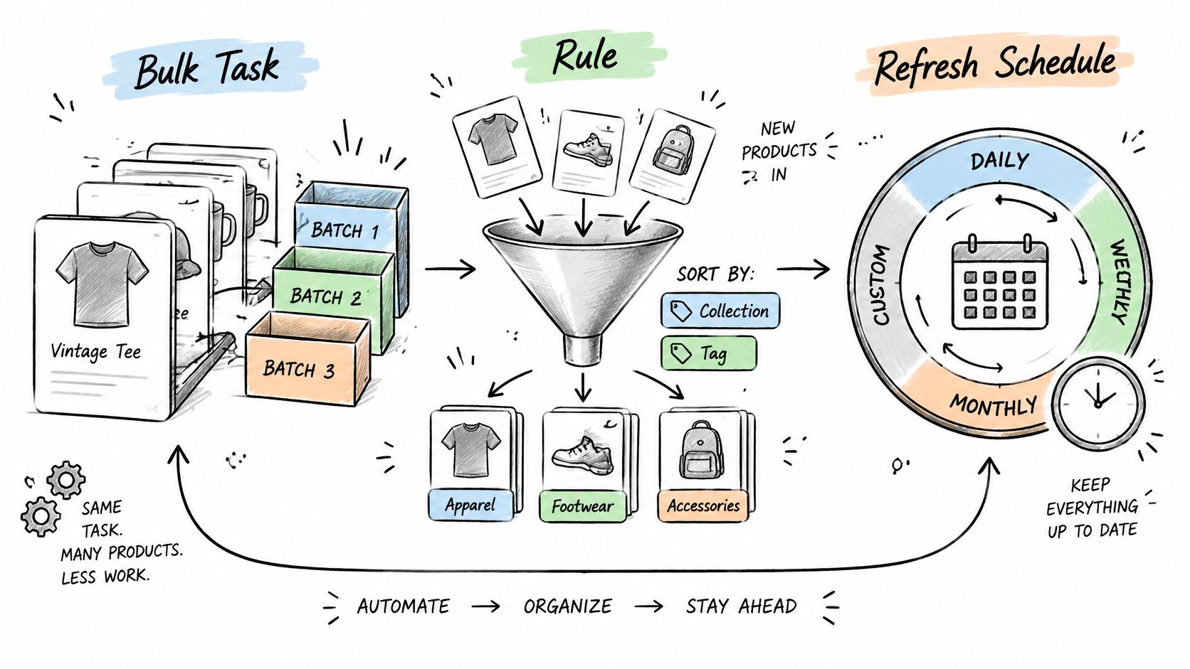 A diagram illustrating an automated product management workflow with bulk tasks, rule-based sorting, and refresh scheduling.