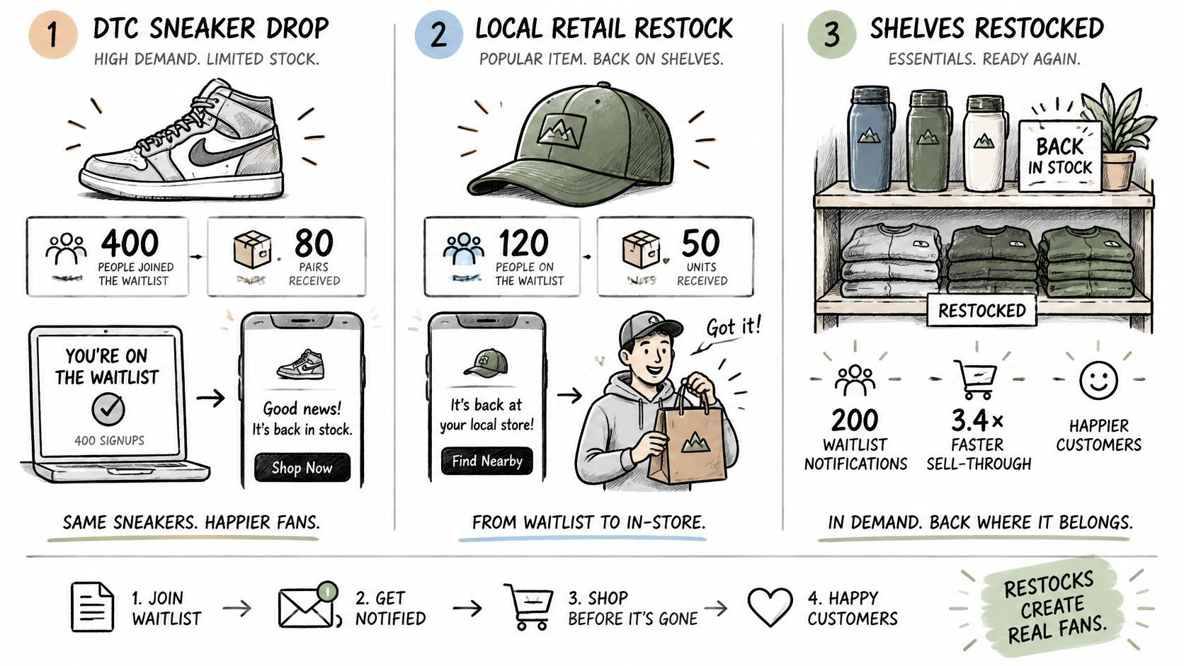 An infographic showing the process of restock notifications for online and local retail inventory management.