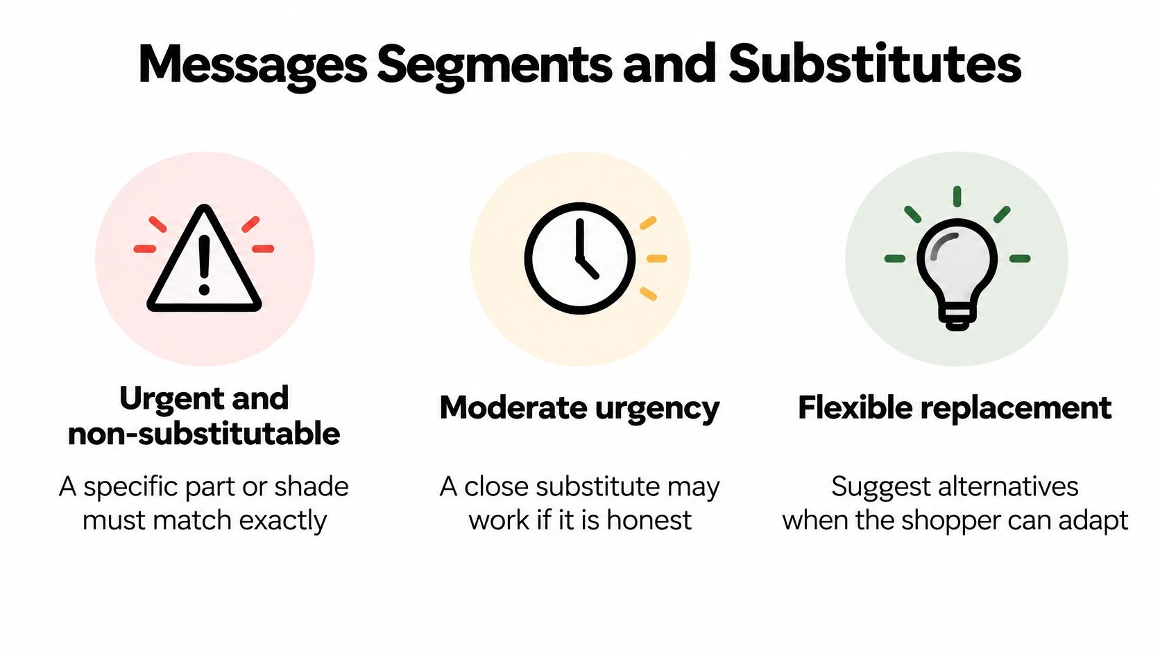 A graphic showing three communication strategies for product substitutions categorized by urgency: urgent, moderate, and flexible.