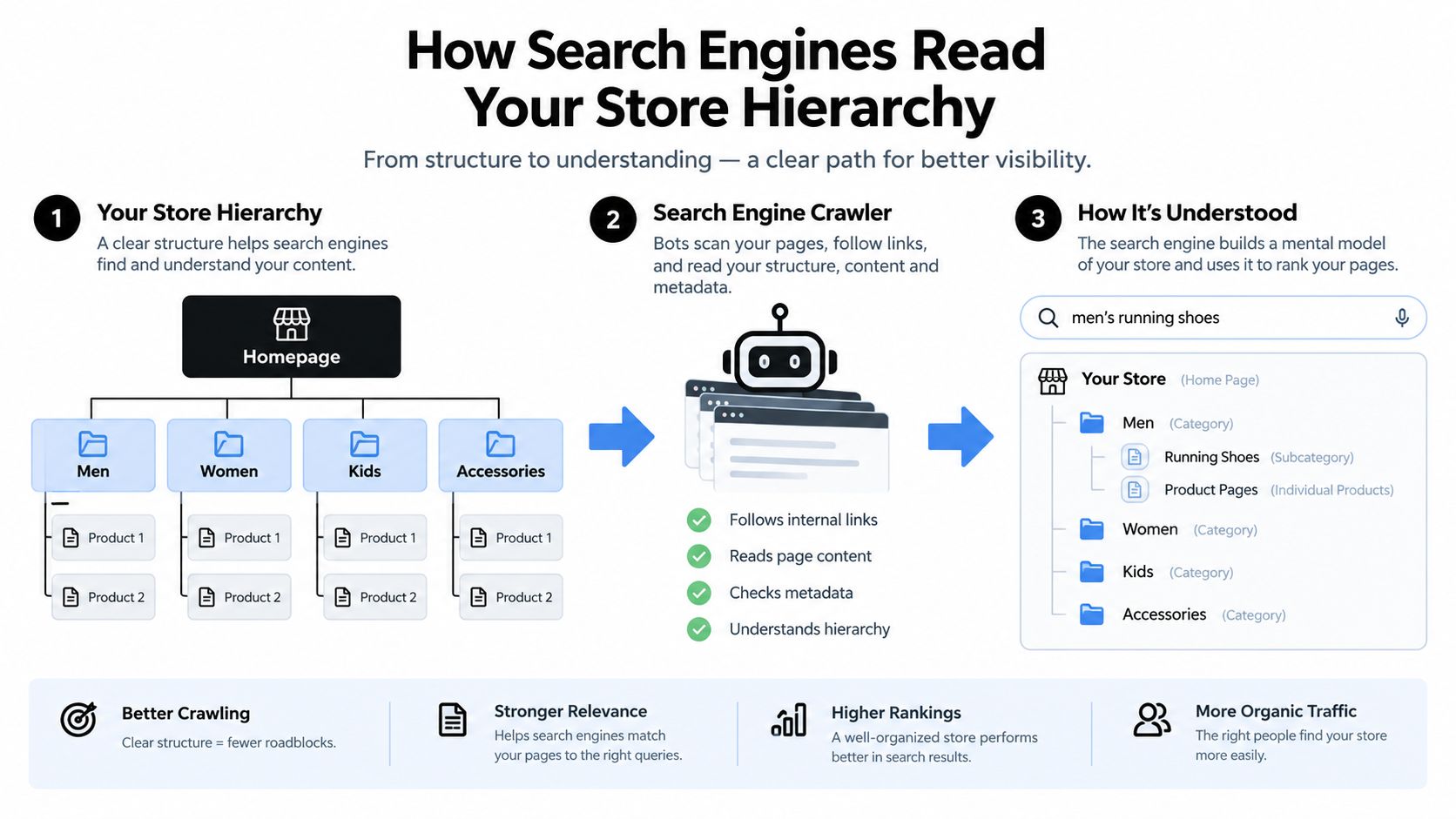 A diagram illustrating how search engine crawlers understand website hierarchy to improve SEO and organic search rankings.