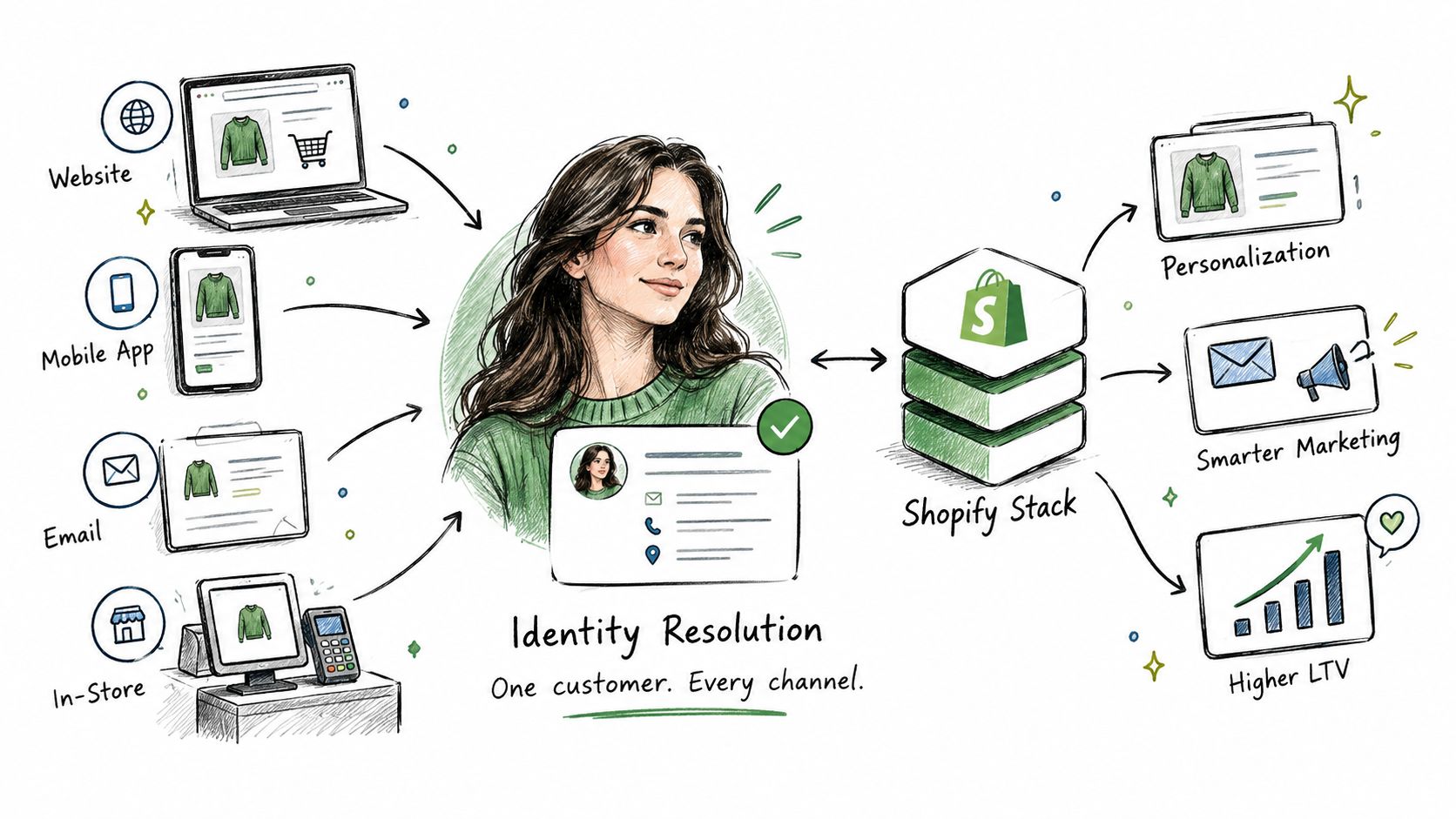 A diagram illustrating identity resolution of a customer across website, mobile app, email, and in-store channels into Shopify.