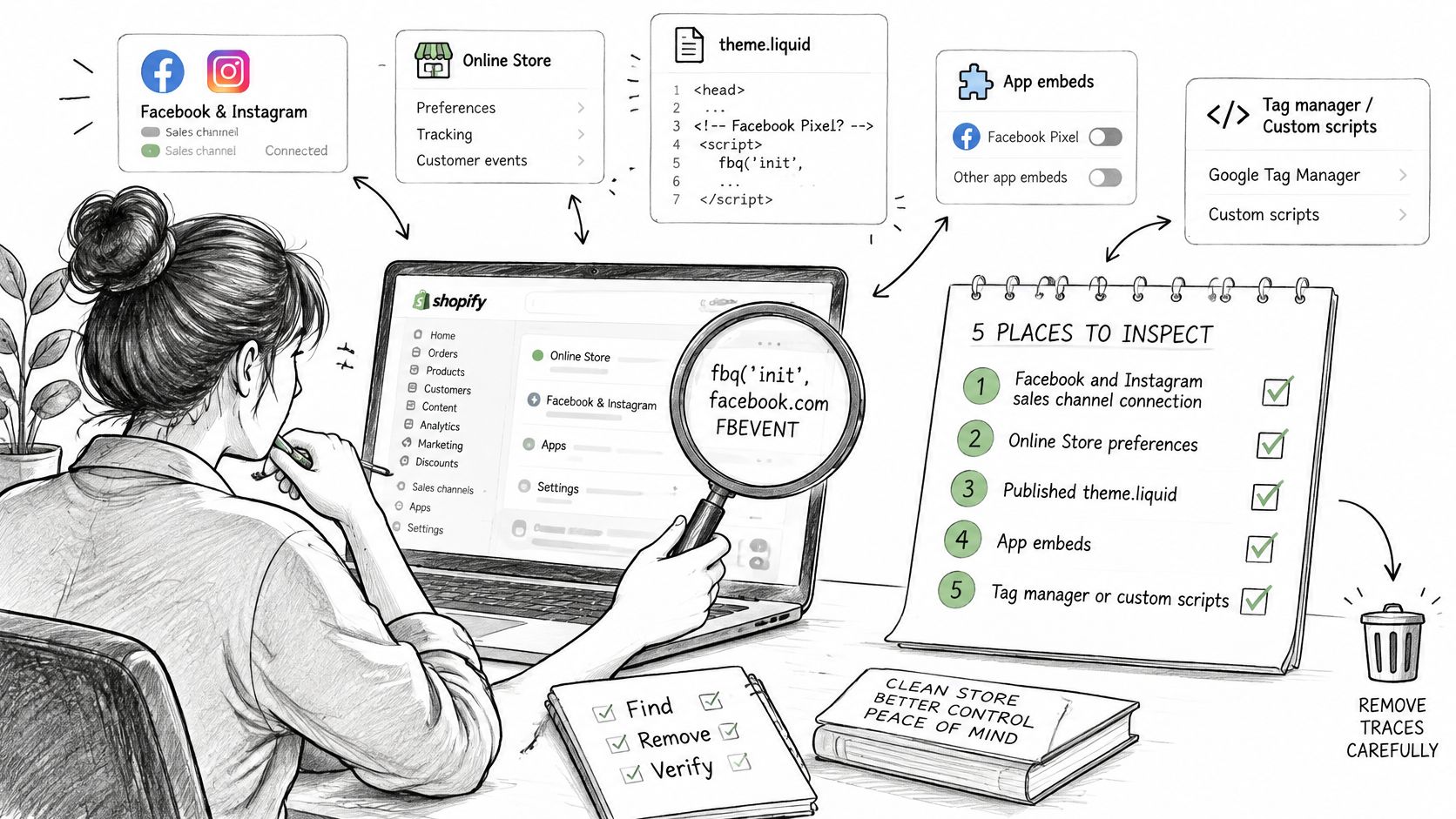 A hand-drawn illustration showing a person auditing Facebook pixel configurations in a Shopify dashboard for store optimization.