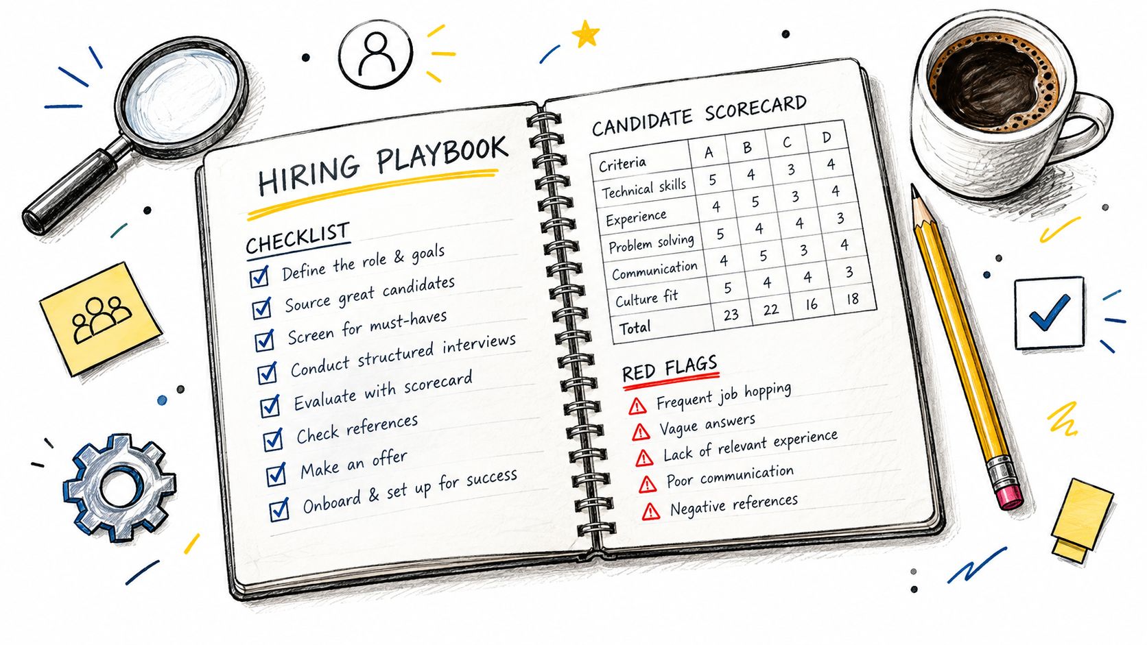 An open hiring playbook notebook with a checklist, candidate scorecard, red flags, and office supplies.