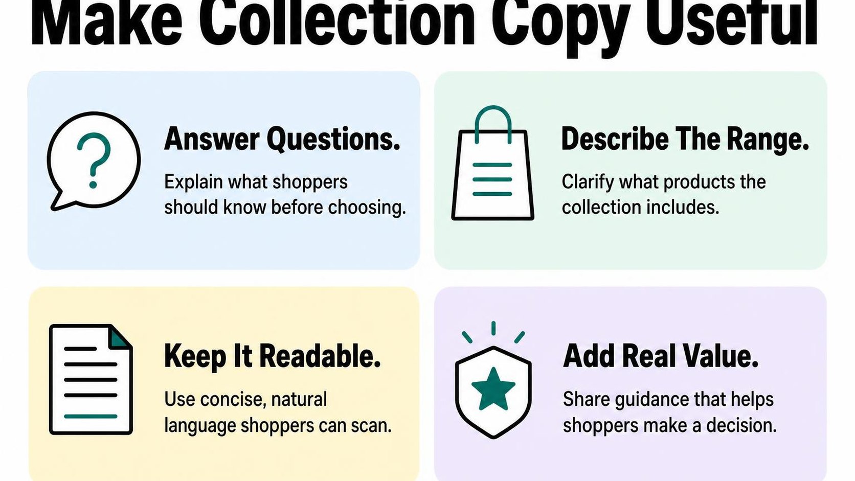 Infographic showing useful collection-page content that helps shoppers and supports organic search.