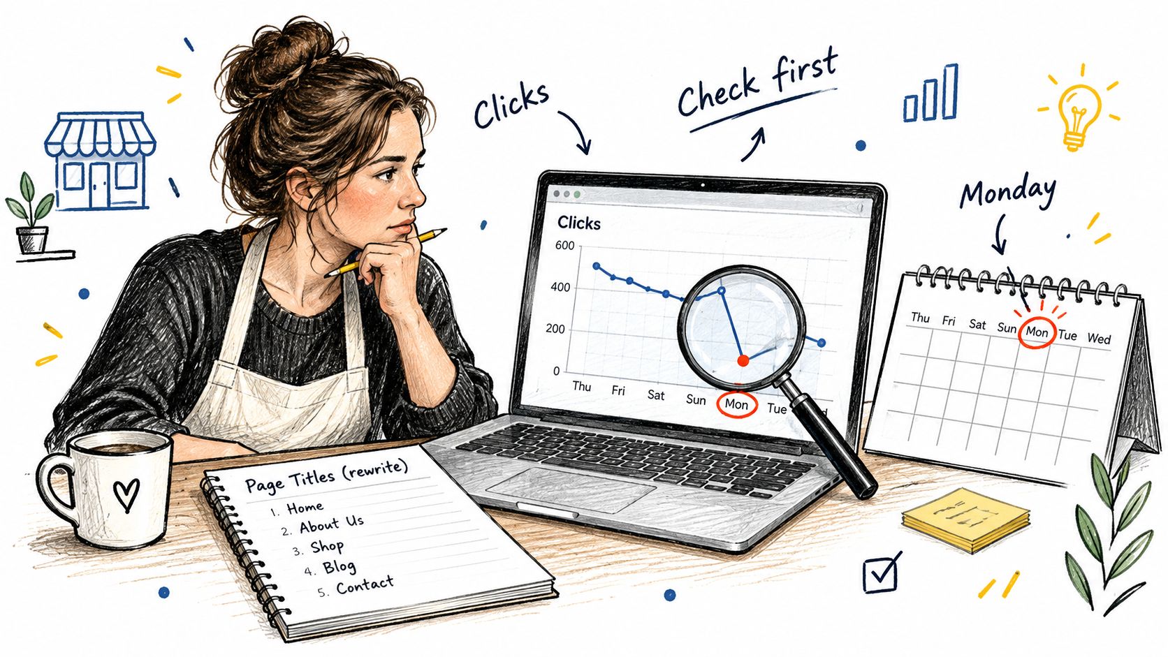 A woman reviewing website click performance data on her laptop, analyzing traffic trends for SEO improvements.