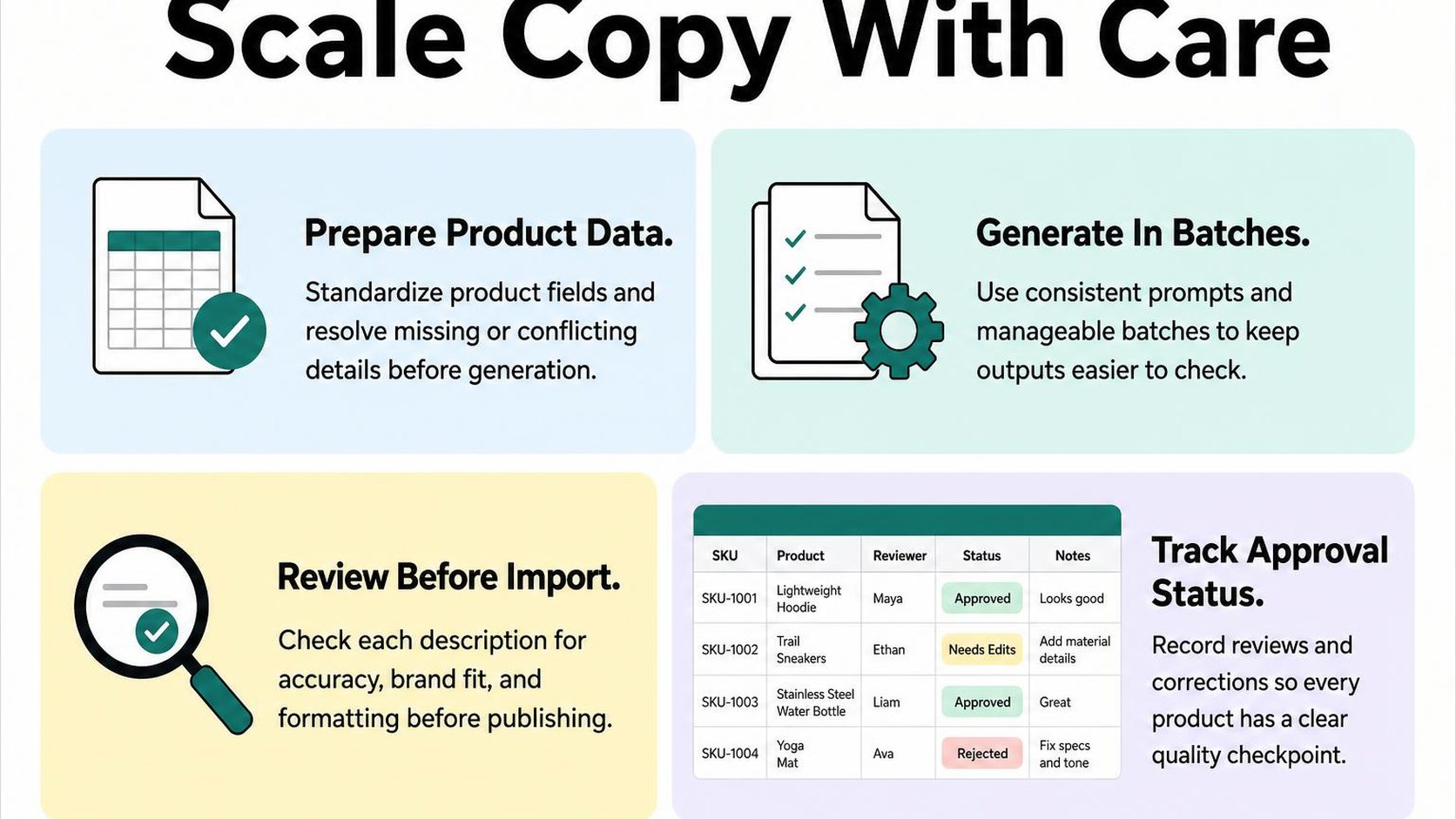 Four cards outline a controlled process for generating and reviewing Shopify descriptions in bulk.