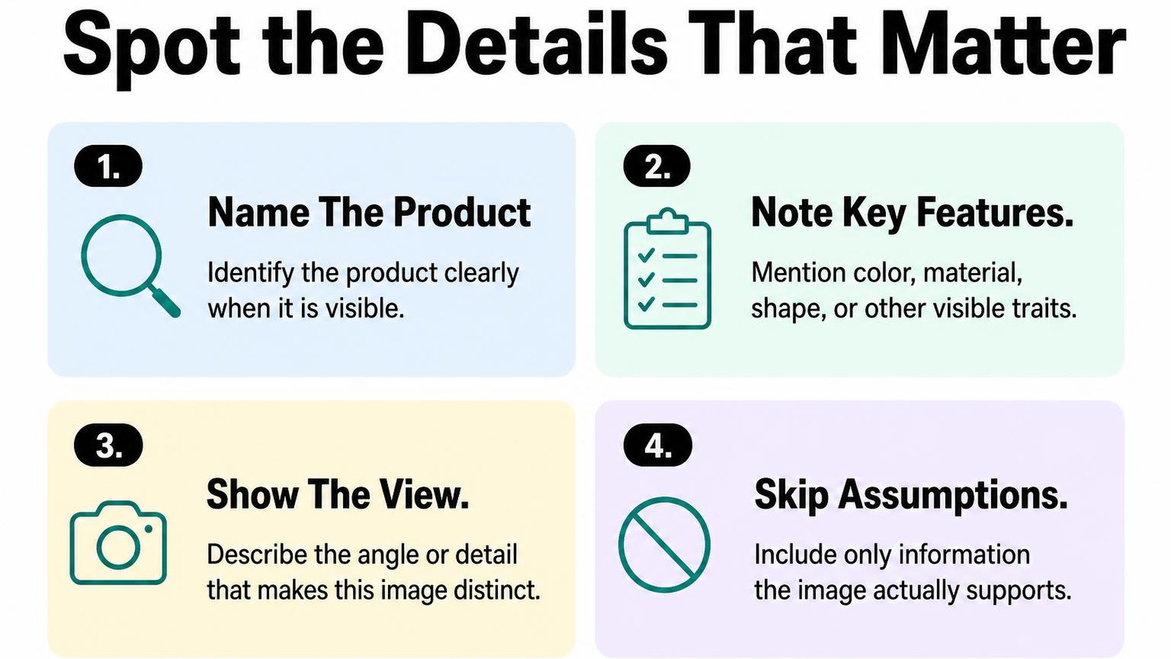 Four cards show how to select useful, visible product details for image alt text.