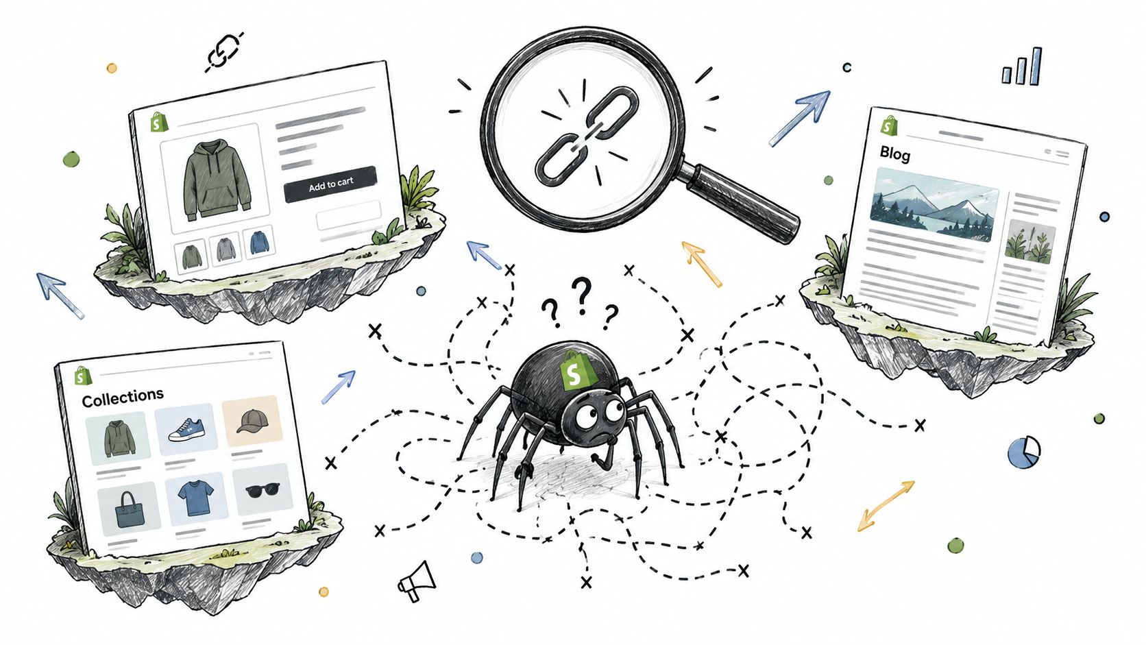 A confused spider represents search engine crawlers navigating between Shopify product pages, collections, and blog posts.