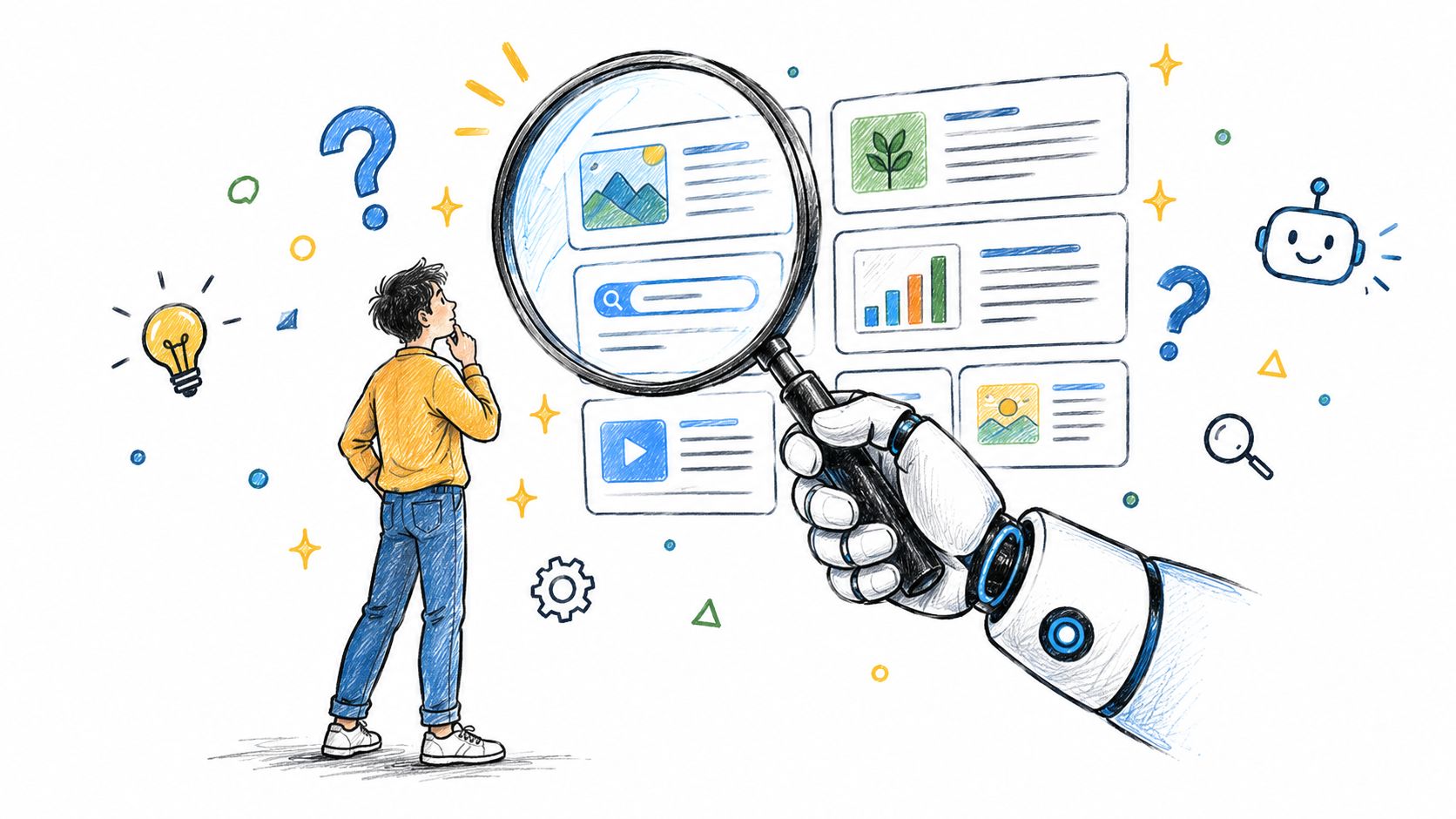 A robot hand uses a magnifying glass to help a young person analyze website content and data.
