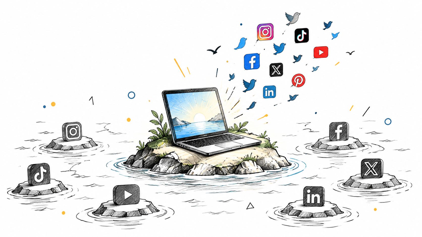 A laptop on a small desert island surrounded by various social media icons and bird silhouettes.