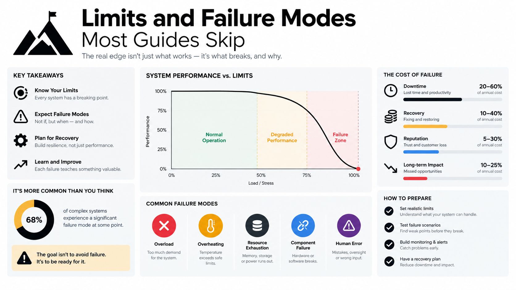 An infographic titled Limits and Failure Modes detailing system performance, potential failures, costs, and preparation strategies.