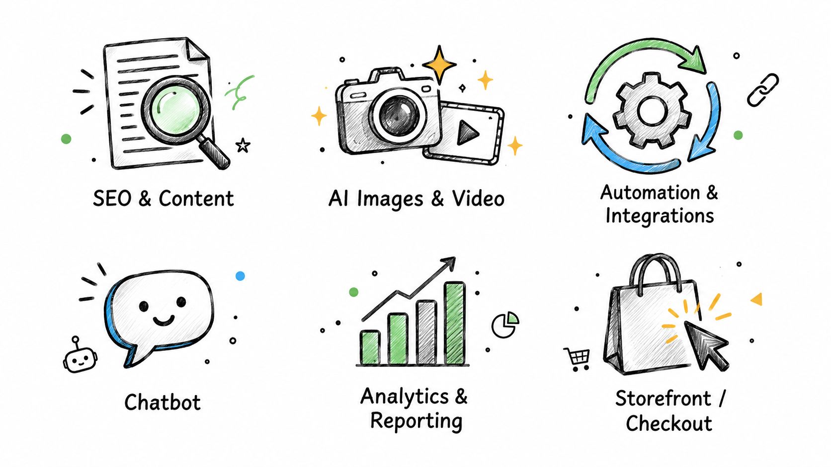 A set of hand-drawn icons illustrating various digital business services including SEO, AI media, and e-commerce solutions.