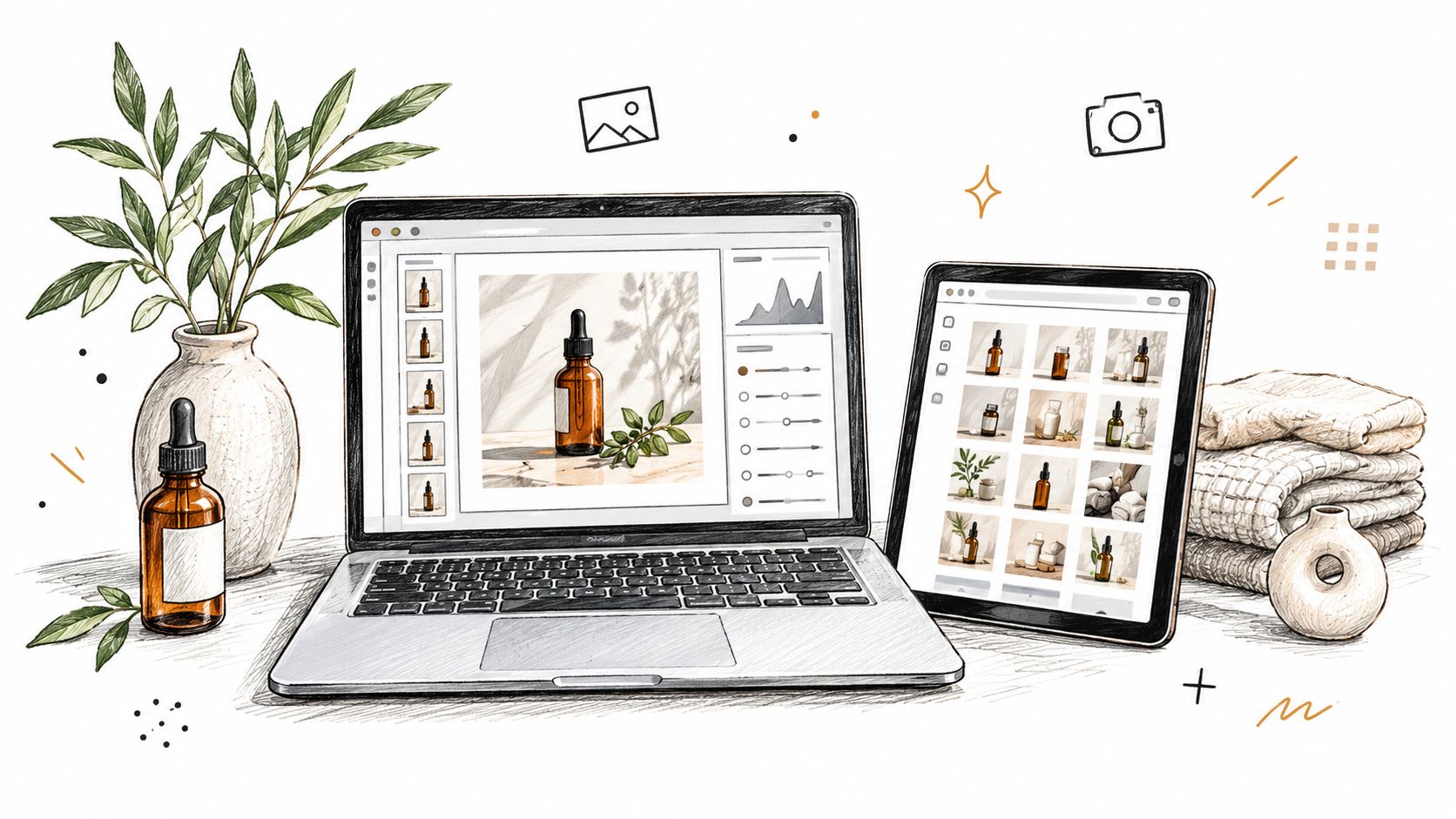 A digital illustration showing a laptop and tablet displaying beauty product photography tools on a wooden desk.