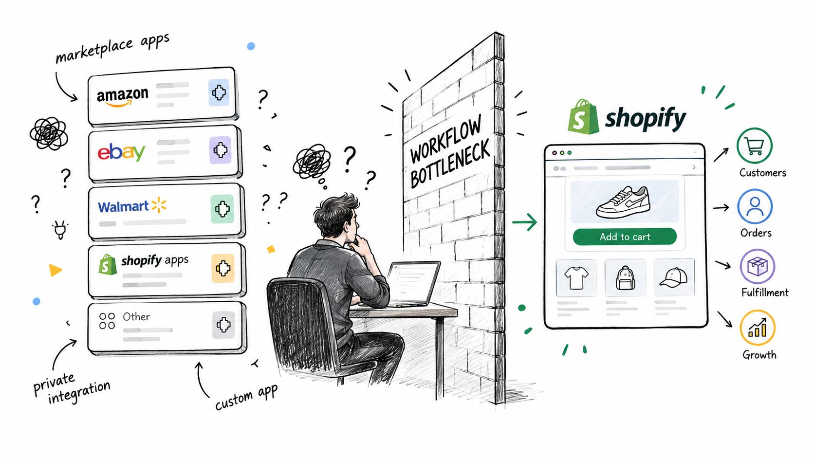 A person struggling with workflow bottlenecks between various marketplace apps and the Shopify ecommerce platform.