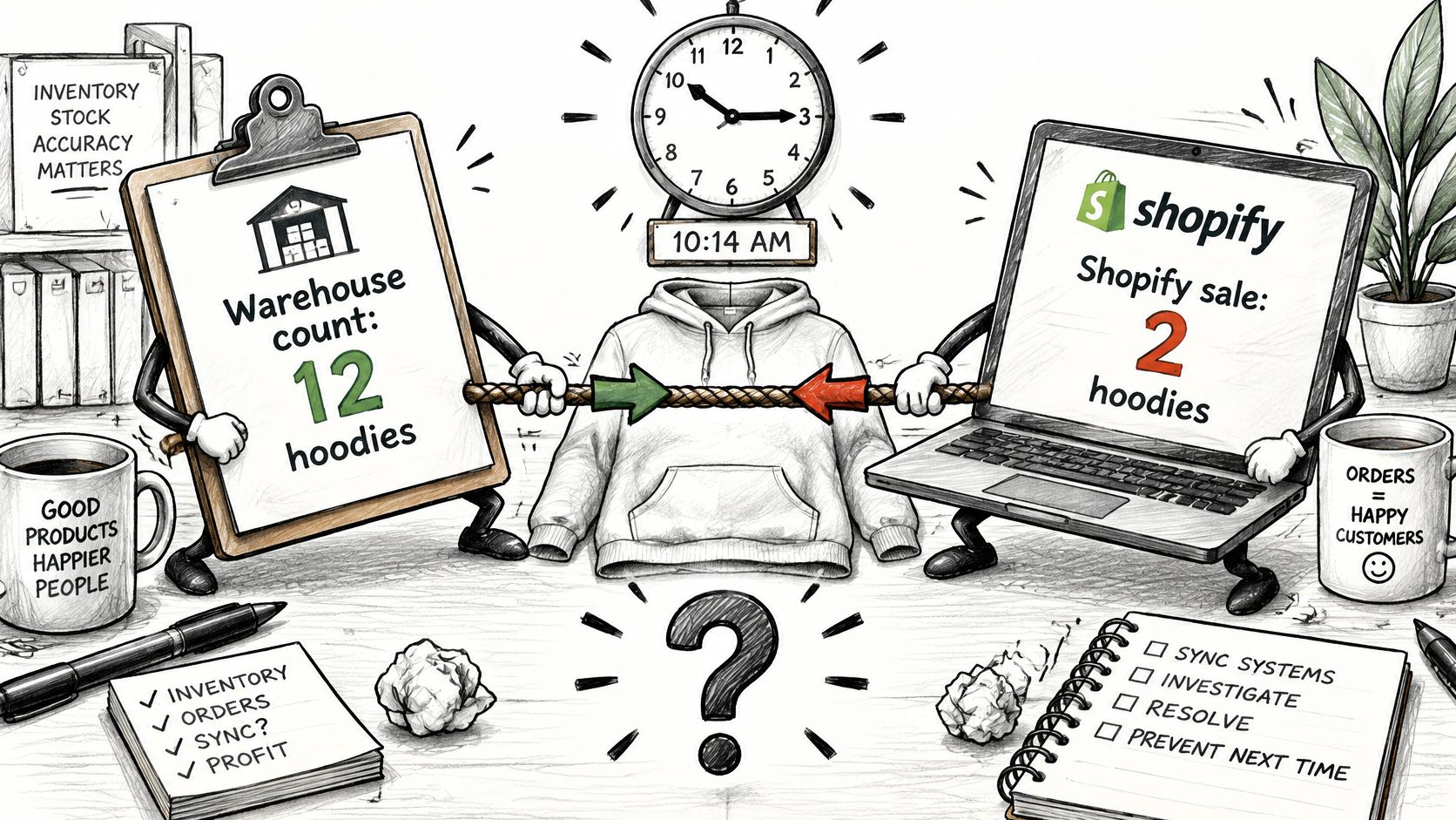 An illustration showing a mismatch between warehouse inventory counts and Shopify online sales data needing synchronization.