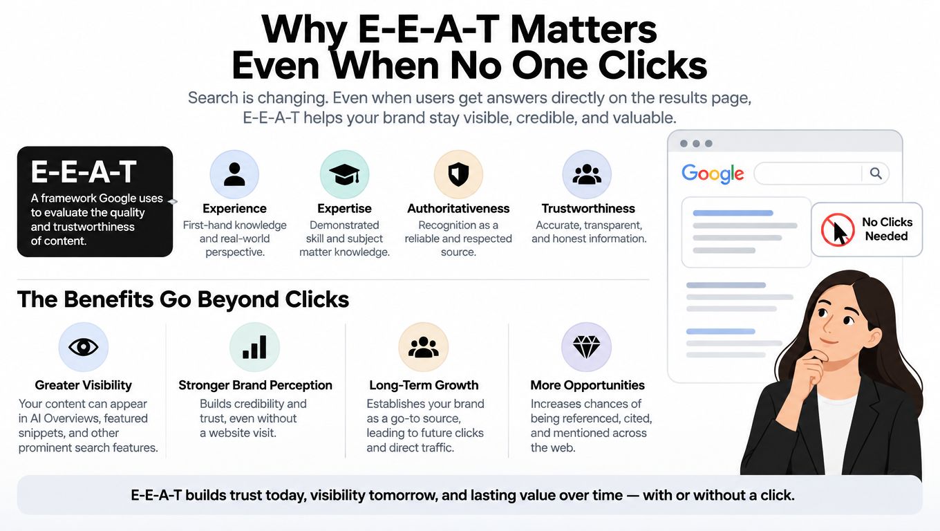 An infographic explaining how E-E-A-T impacts SEO and brand authority even when searchers do not click.