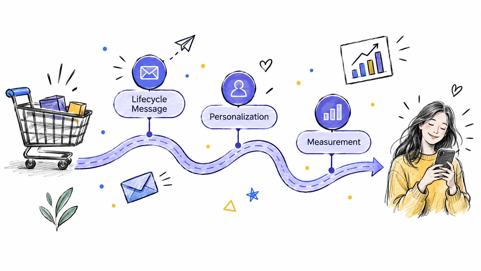 An illustration showing a customer journey from shopping cart to digital engagement featuring marketing lifecycle stages.