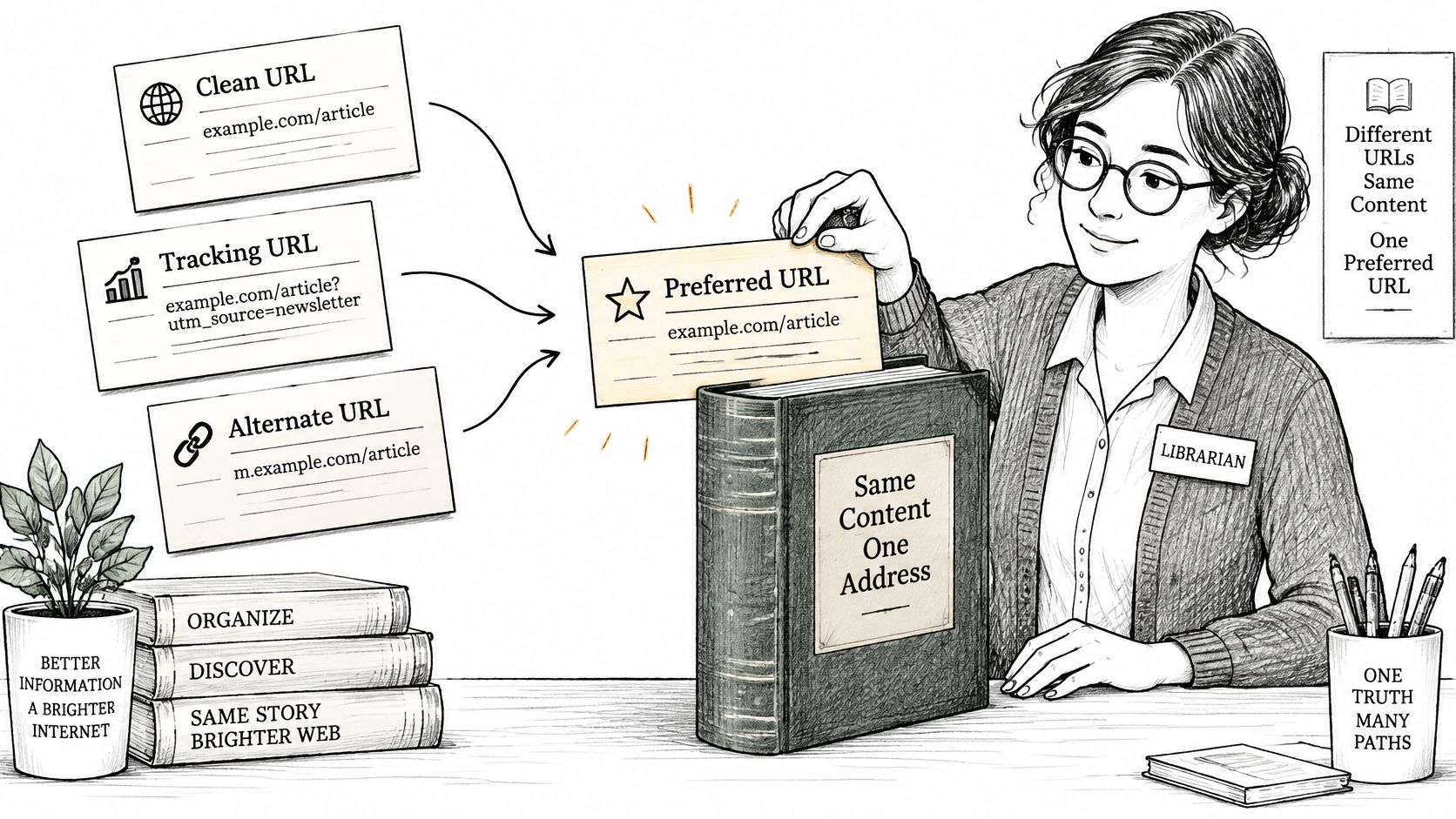 A librarian organizing various URL types into one preferred canonical URL in a book, illustrating web optimization.